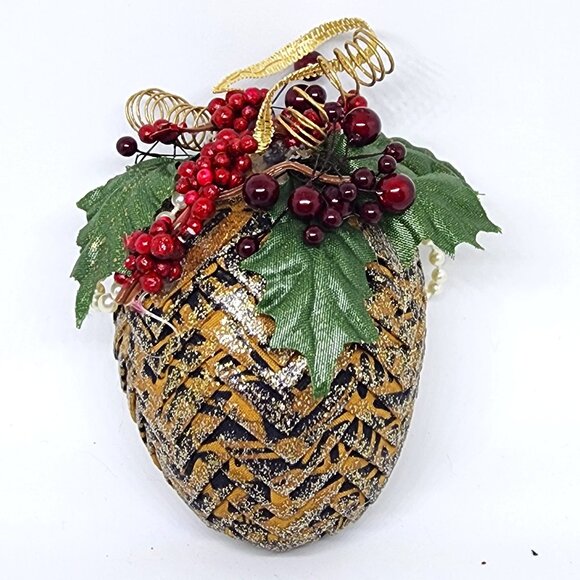 VTG Handmade Folded Cloth Black Gold Holly Glitter Christmas Holiday Ornament - Picture 6 of 12